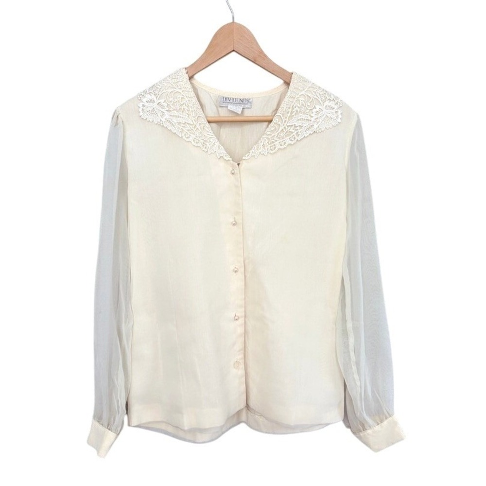 VTG 80s DIVIDENDS Sheer Unconventional Lace Collar‎ Button Up Blouse Ivory Sz 10